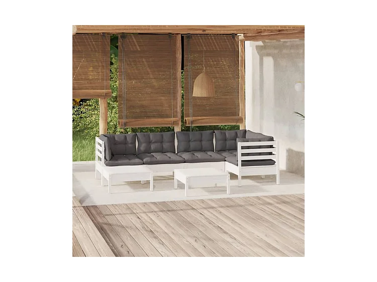 Salon de jardin 7 pcs avec coussins blanc bois de pin massif
