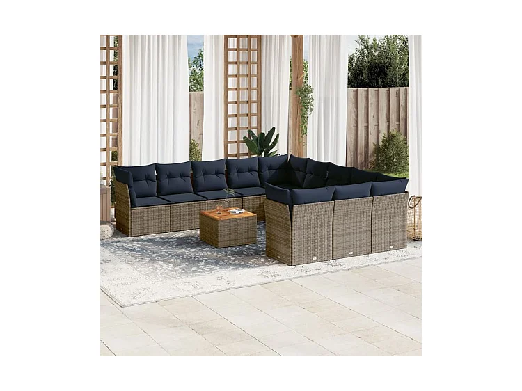 Salon de jardin avec coussins 12 pcs gris résine tressée