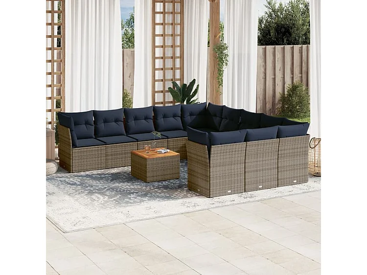 Salon de jardin avec coussins 12 pcs gris résine tressée