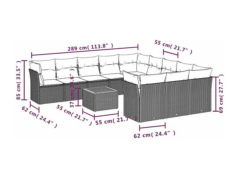 Salon de jardin avec coussins 12 pcs gris résine tressée