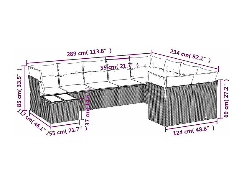 Salon de jardin 10 pcs avec coussins marron résine tressée