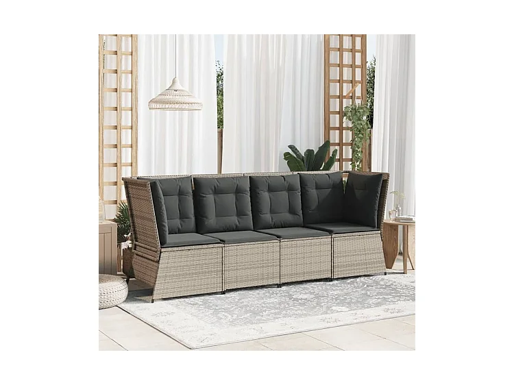 Canapé d'angle de jardin et coussins gris clair résine tressée