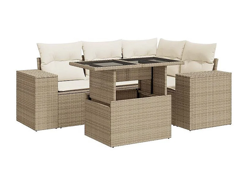 Salon de jardin avec coussins 5 pcs beige résine tressée