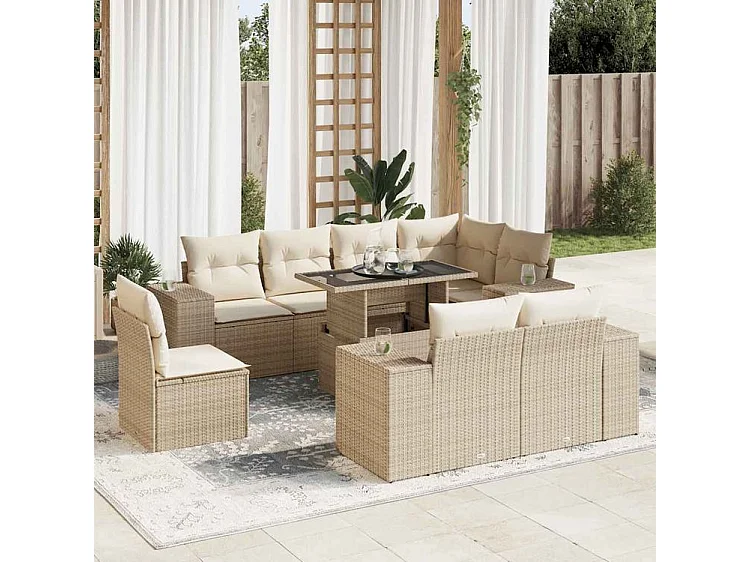Salon de jardin avec coussins 9 pcs beige résine tressée