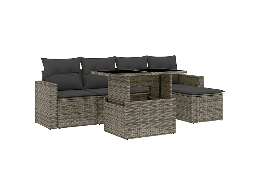 Salon de jardin 6 pcs avec coussins gris résine tressée