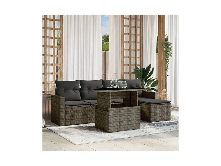 Salon de jardin 6 pcs avec coussins gris résine tressée