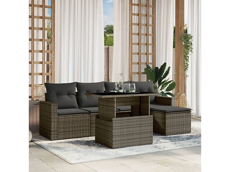Salon de jardin 6 pcs avec coussins gris résine tressée
