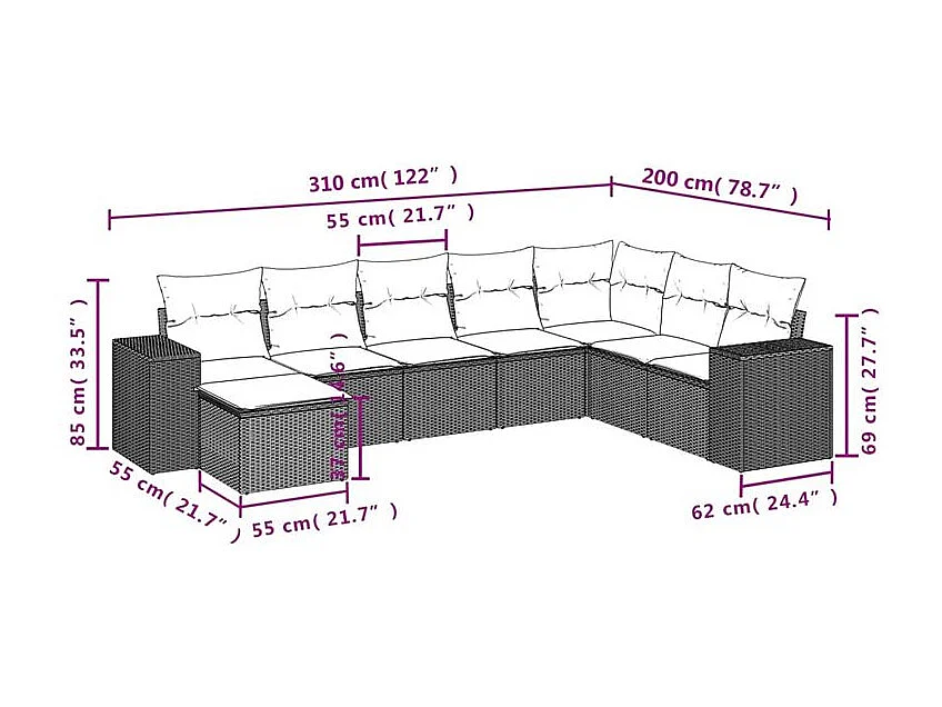 Salon de jardin 8 pcs avec coussins gris clair résine tressée