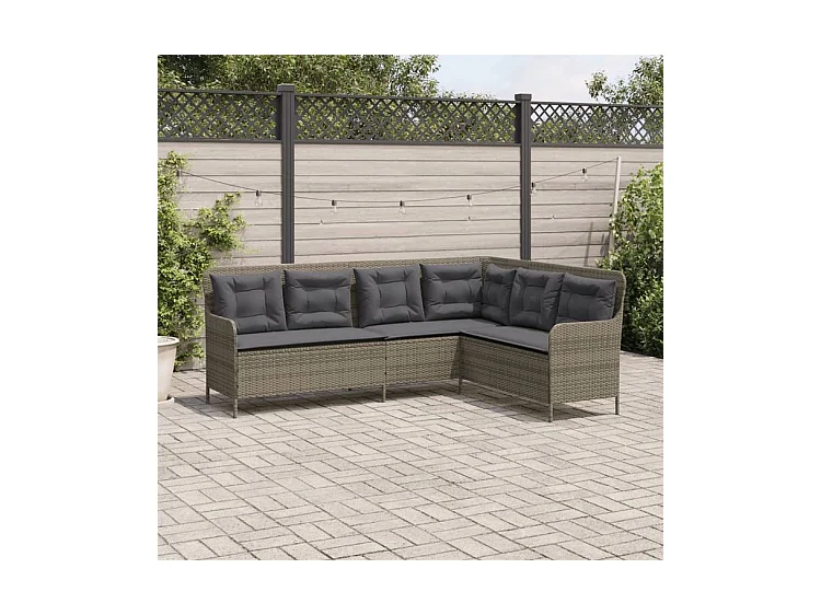 Canapé de jardin avec coussins forme de L gris résine tressée