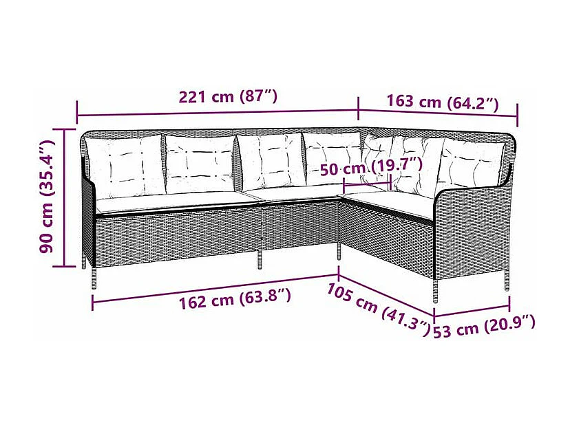 Canapé de jardin avec coussins forme de L gris résine tressée