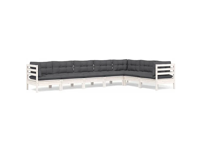 Salon de jardin 7 pcs avec coussins blanc bois de pin solide