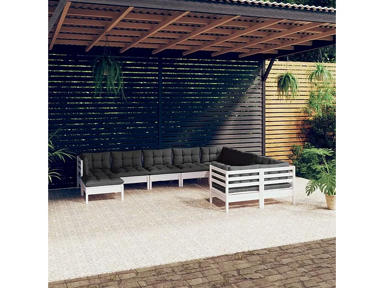 Salon de jardin 10 pcs avec coussins blanc bois de pin