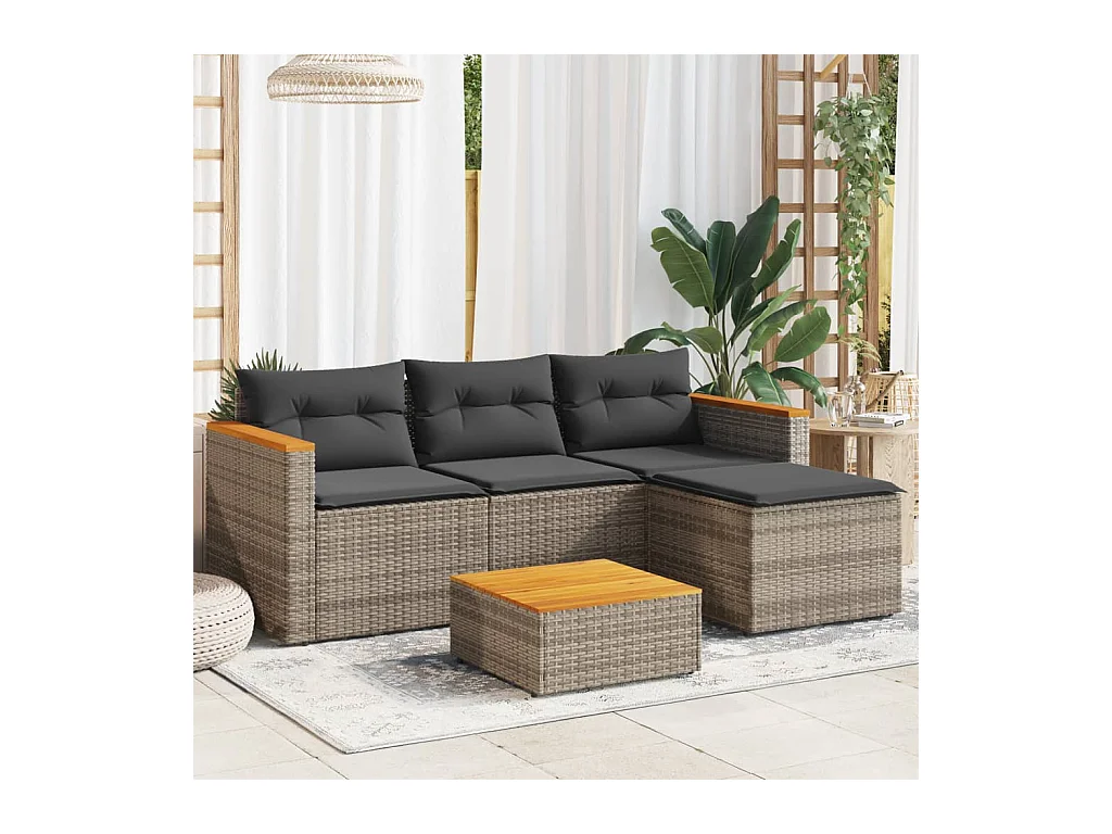 Salon de jardin avec coussins 3 pcs gris résine tressée