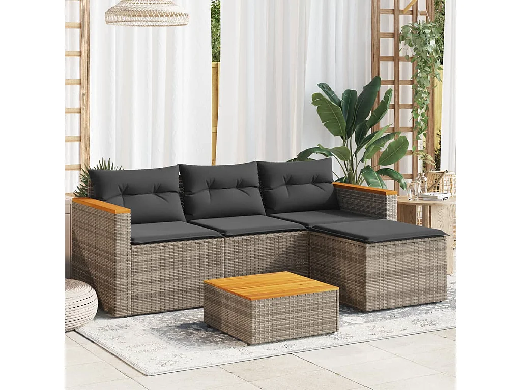 Salon de jardin avec coussins 3 pcs gris résine tressée