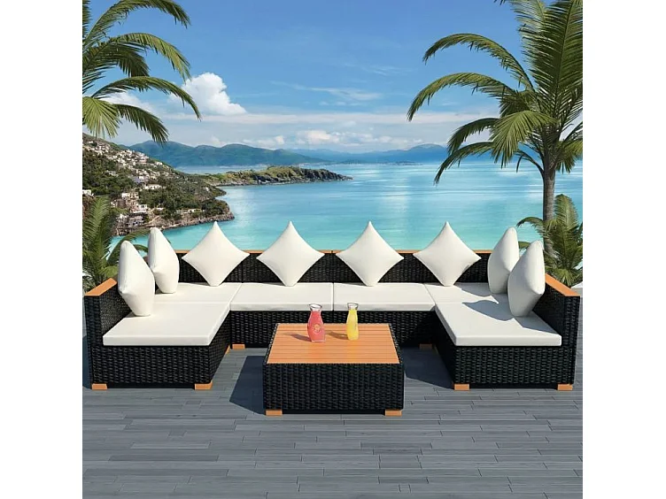 Salon de jardin 6 pièces résine tressée noir et coussins blanc Kimberly