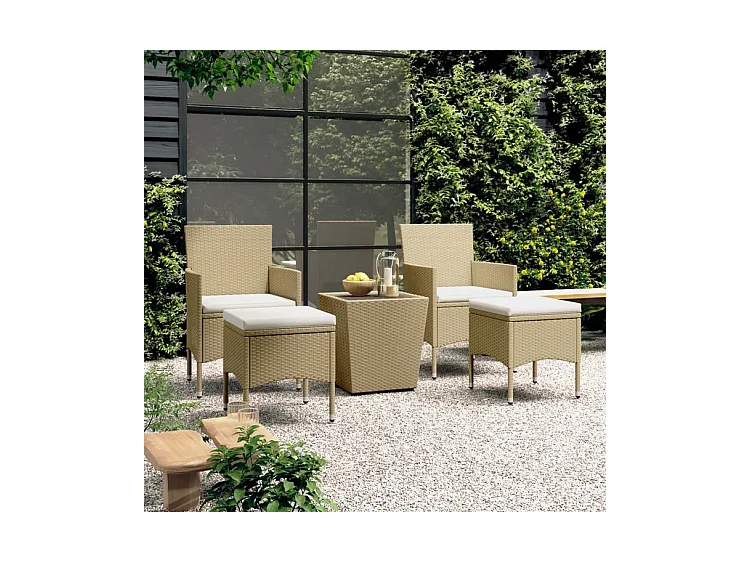 Ensemble de bistro 5 pcs Résine tressée et verre trempé Beige