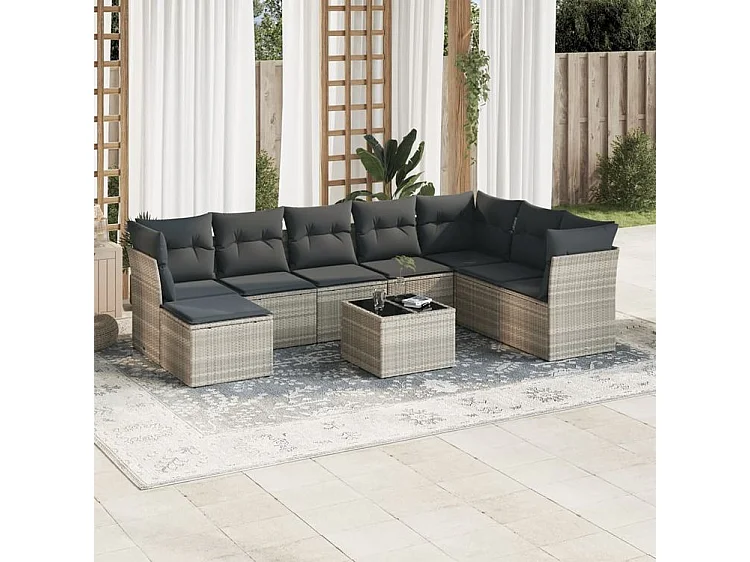 Salon de jardin 9 pcs avec coussins gris clair résine tressée