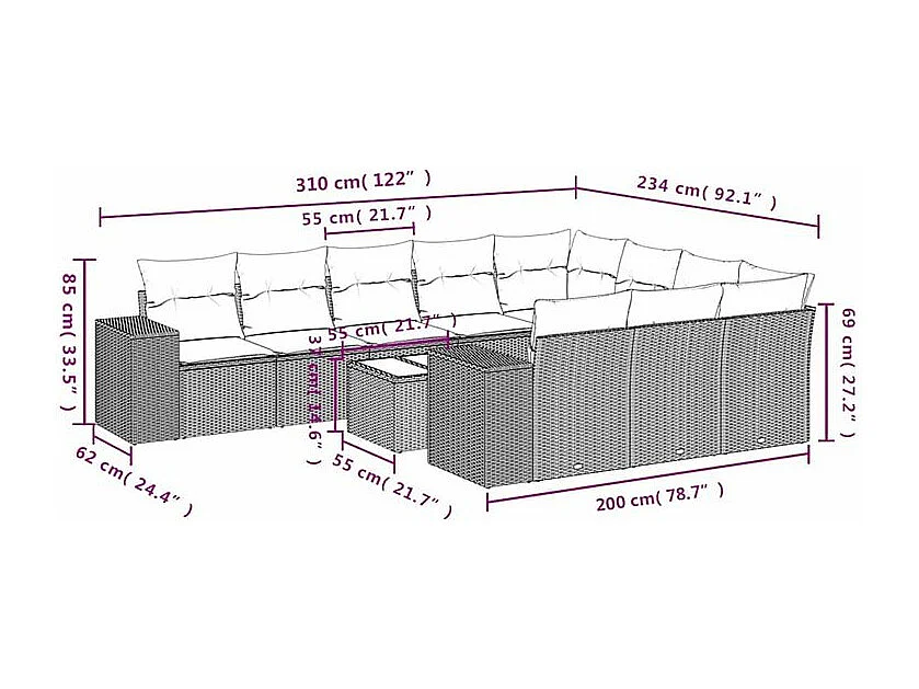 Salon de jardin et coussins 11 pcs marron résine tressée