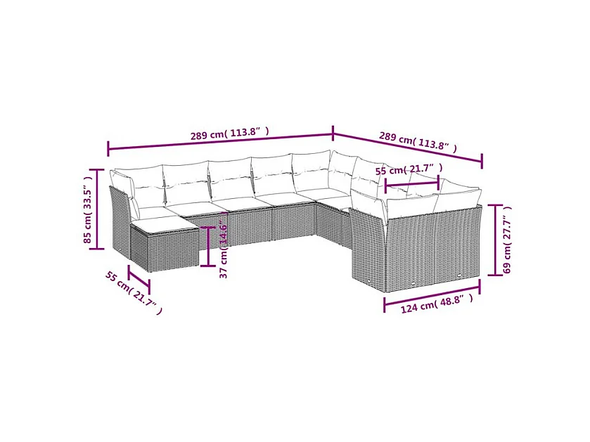 Salon de jardin 11 pcs avec coussins gris clair résine tressée
