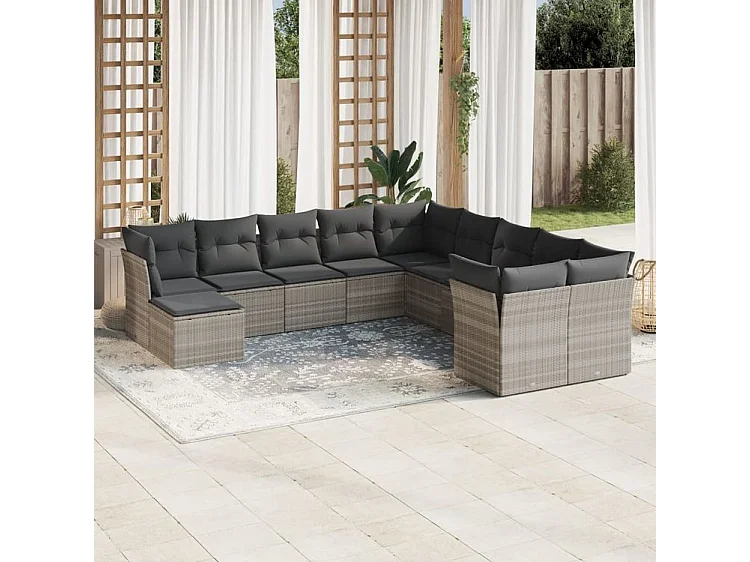 Salon de jardin 11 pcs avec coussins gris clair résine tressée