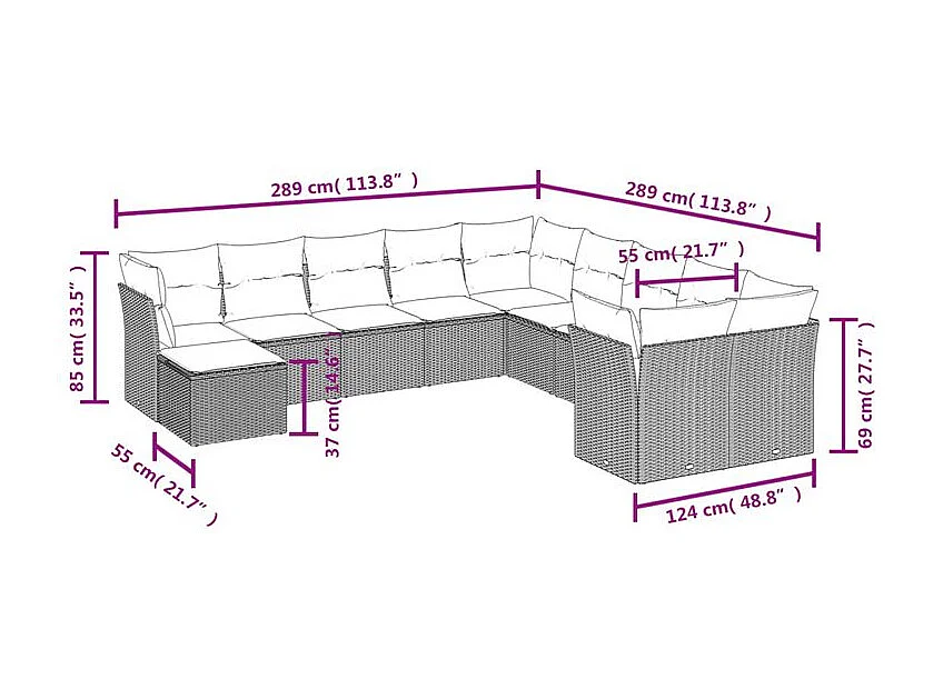 Salon de jardin 11 pcs avec coussins gris clair résine tressée
