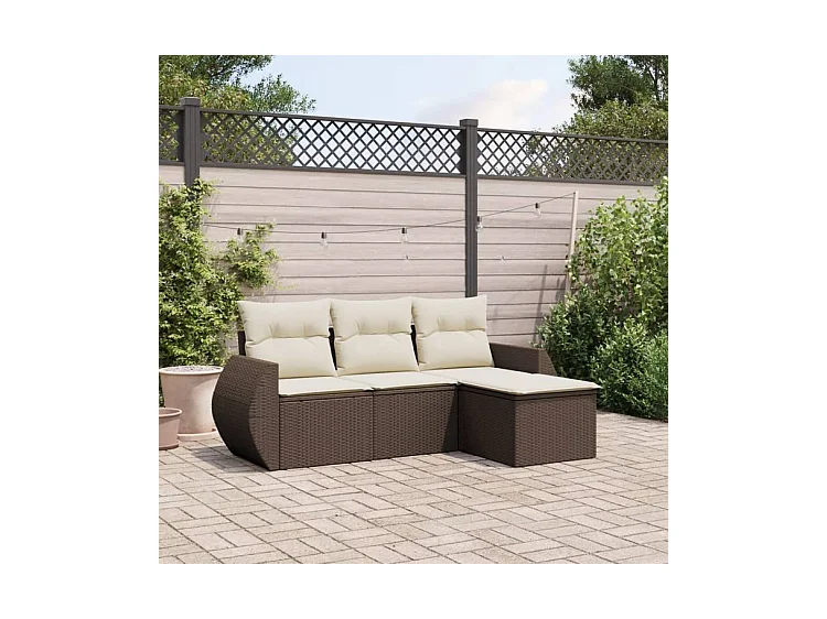 Salon de jardin 4 pcs avec coussins marron résine tressée
