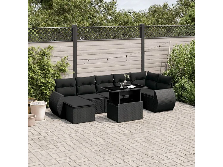 Salon de jardin 8 pcs avec coussins noir résine tressée
