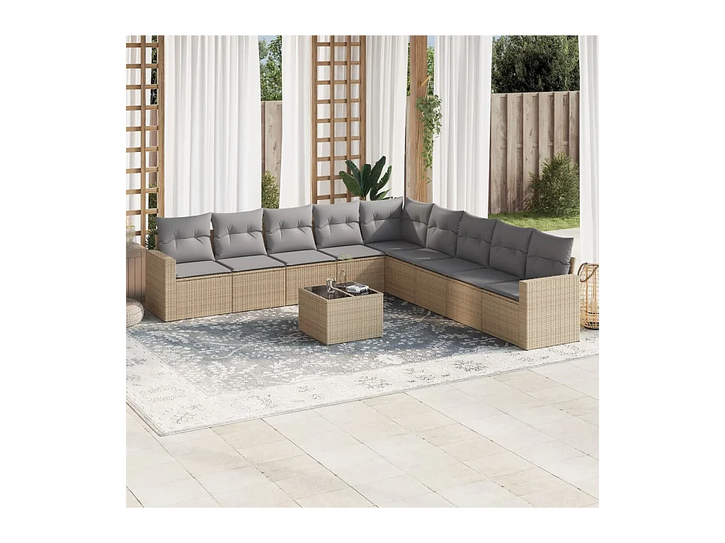 Salon de jardin avec coussins 10 pcs beige résine tressée