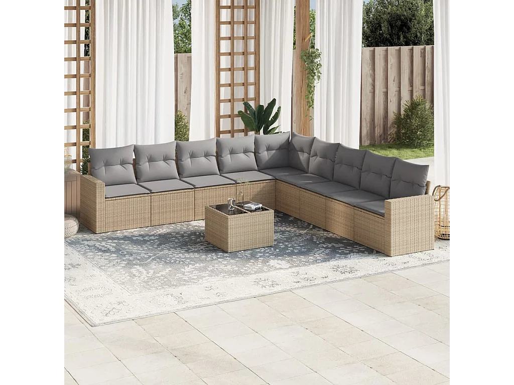 Salon de jardin avec coussins 10 pcs beige résine tressée