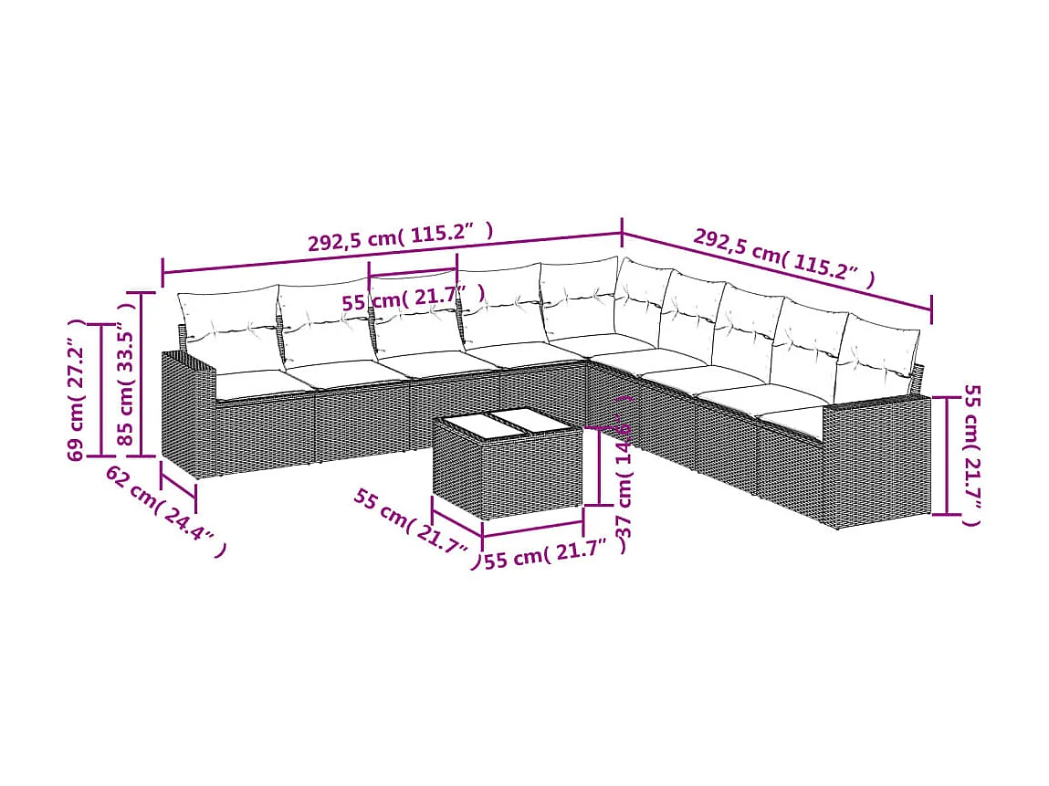 Salon de jardin avec coussins 10 pcs beige résine tressée