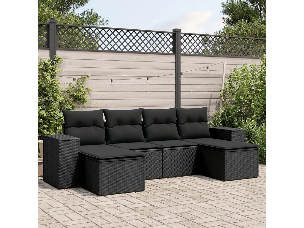 Salon de jardin 6 pcs avec coussins noir résine tressée