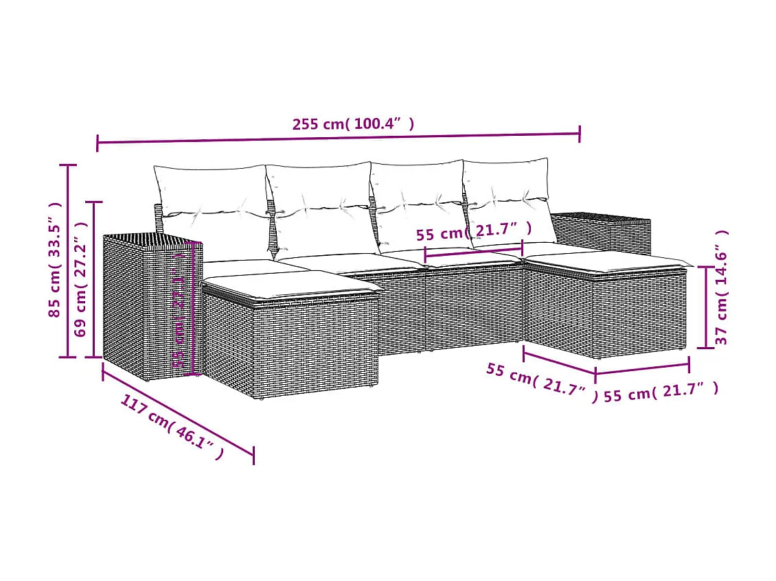 Salon de jardin 6 pcs avec coussins noir résine tressée