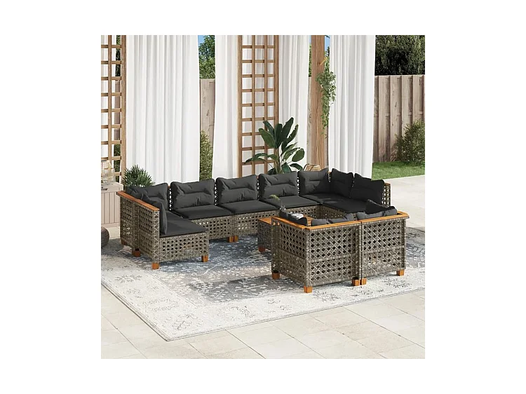 Salon de jardin avec coussins 10 pcs gris résine tressée