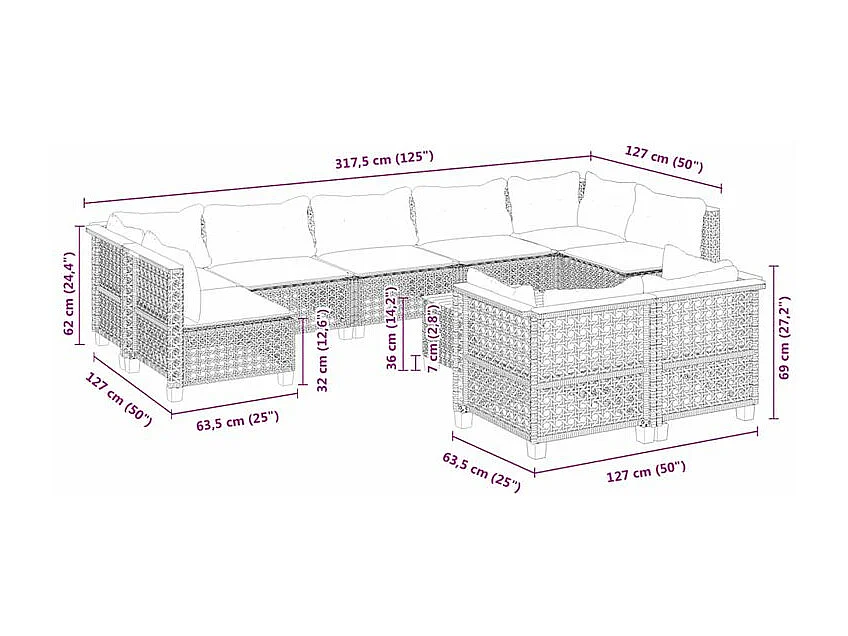 Salon de jardin avec coussins 10 pcs gris résine tressée