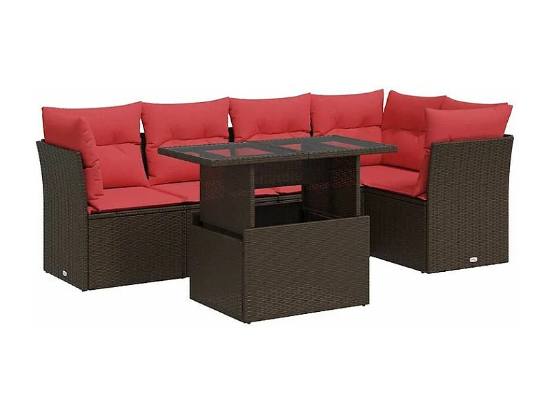 Salon de jardin avec coussins 6pcs marron résine tressée acacia