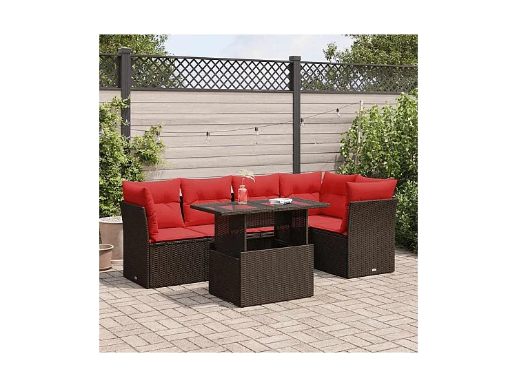 Salon de jardin avec coussins 6pcs marron résine tressée acacia