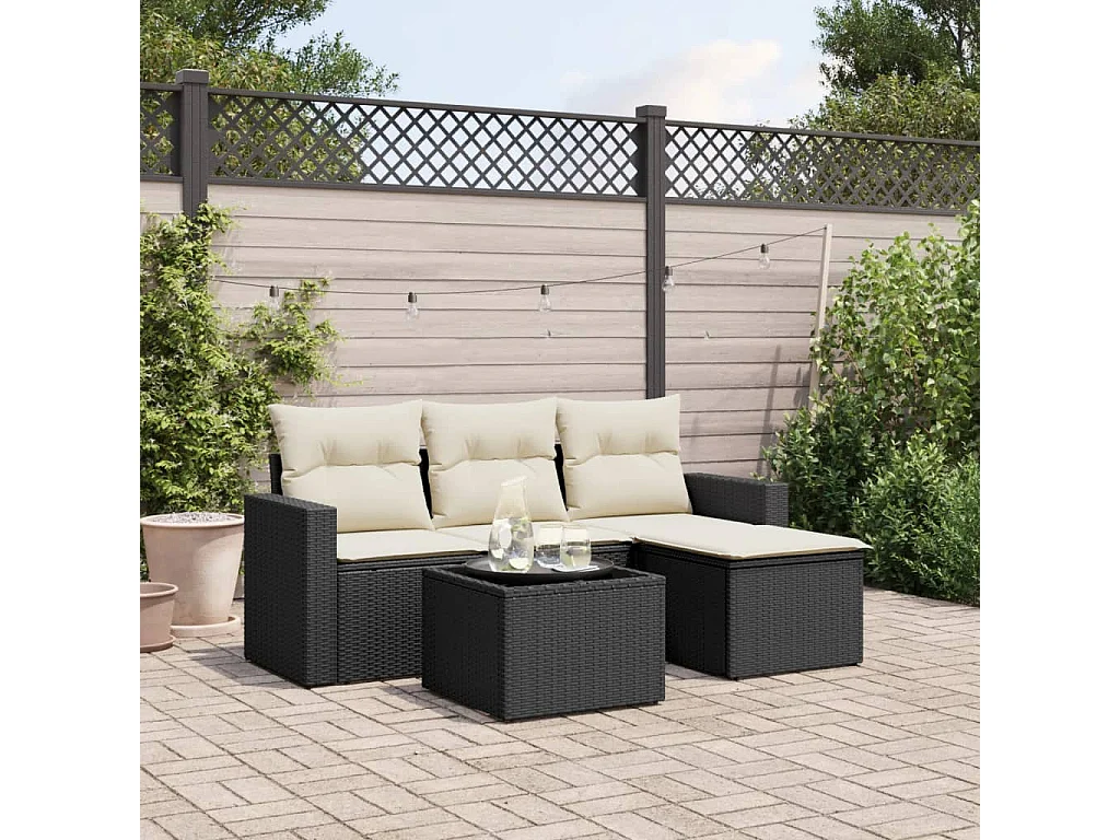 Salon de jardin 5 pcs avec coussins noir résine tressée