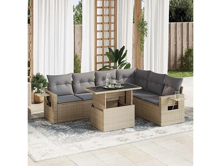 Salon de jardin avec coussins 7 pcs beige résine tressée