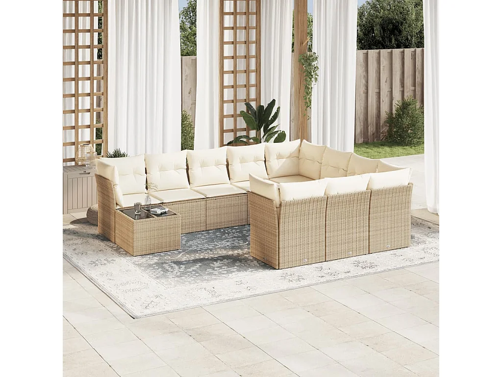 Salon de jardin 11 pcs avec coussins beige résine tressée