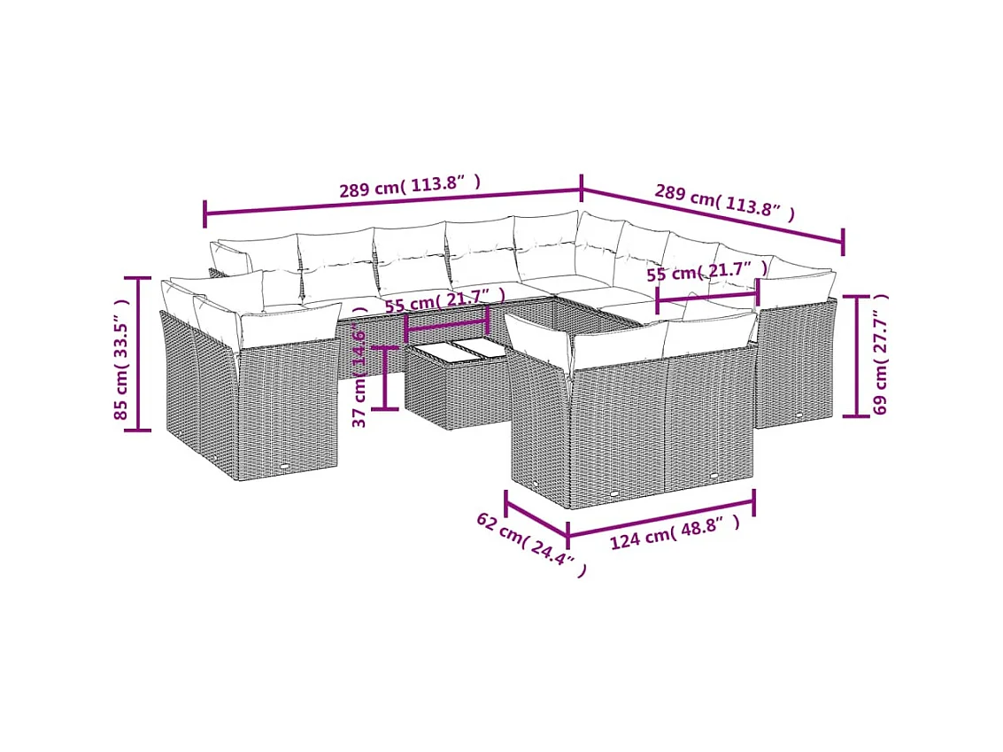 Salon de jardin avec coussins 14 pcs beige résine tressée