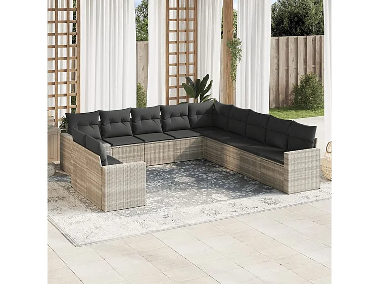 Salon de jardin 11 pcs avec coussins gris clair résine tressée