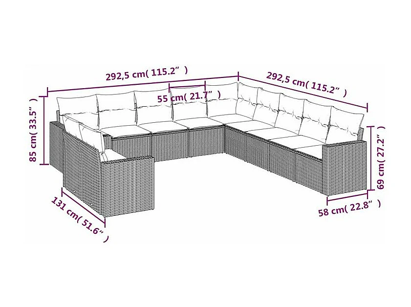 Salon de jardin 11 pcs avec coussins gris clair résine tressée