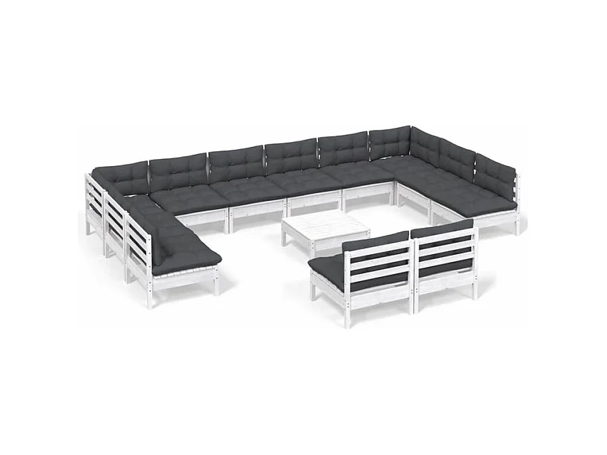 Salon de jardin 13 pcs avec coussins blanc bois de pin solide