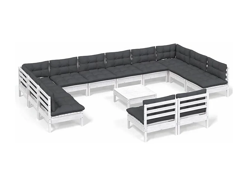 Salon de jardin 13 pcs avec coussins blanc bois de pin solide