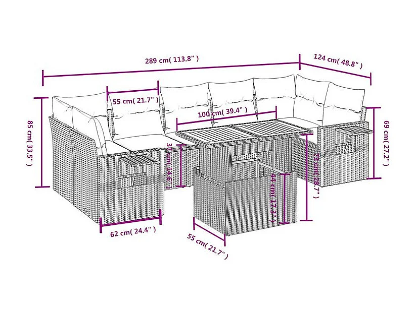 Salon de jardin avec coussins 8 pcs beige résine tressée