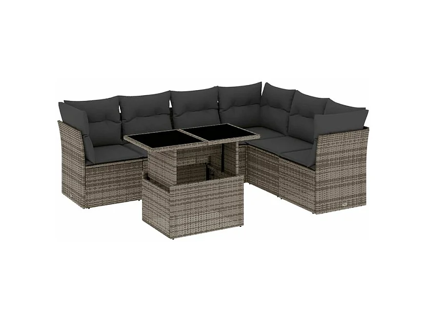 Salon de jardin avec coussins 7 pcs gris résine tressée