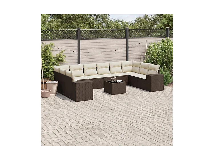 Salon de jardin et coussins 11 pcs marron résine tressée