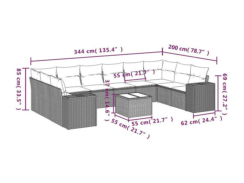 Salon de jardin et coussins 11 pcs marron résine tressée