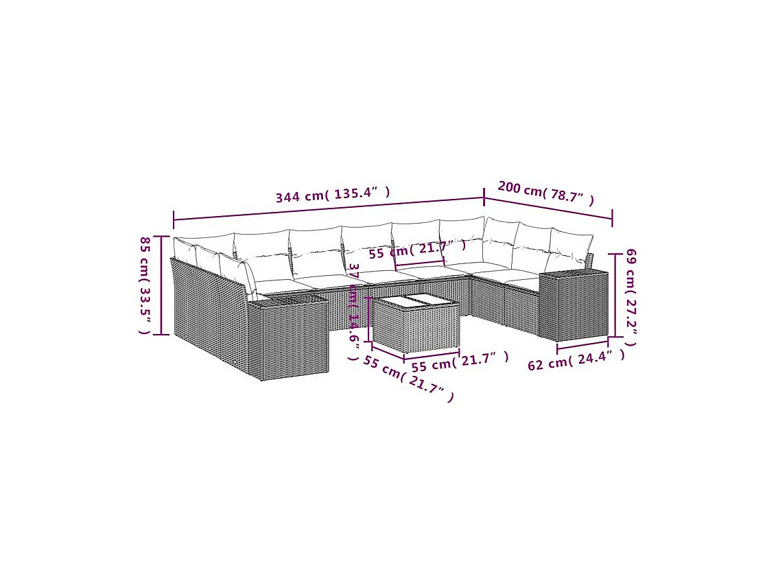 Salon de jardin et coussins 11 pcs marron résine tressée
