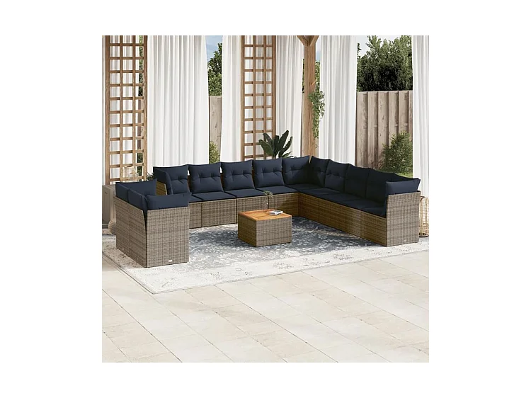 Salon de jardin avec coussins 12 pcs gris résine tressée